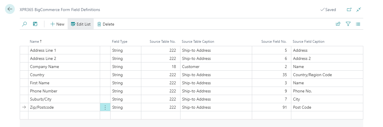 Customer Address Form Fields