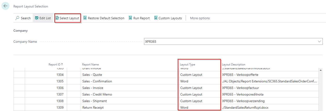 Report Layout Selection